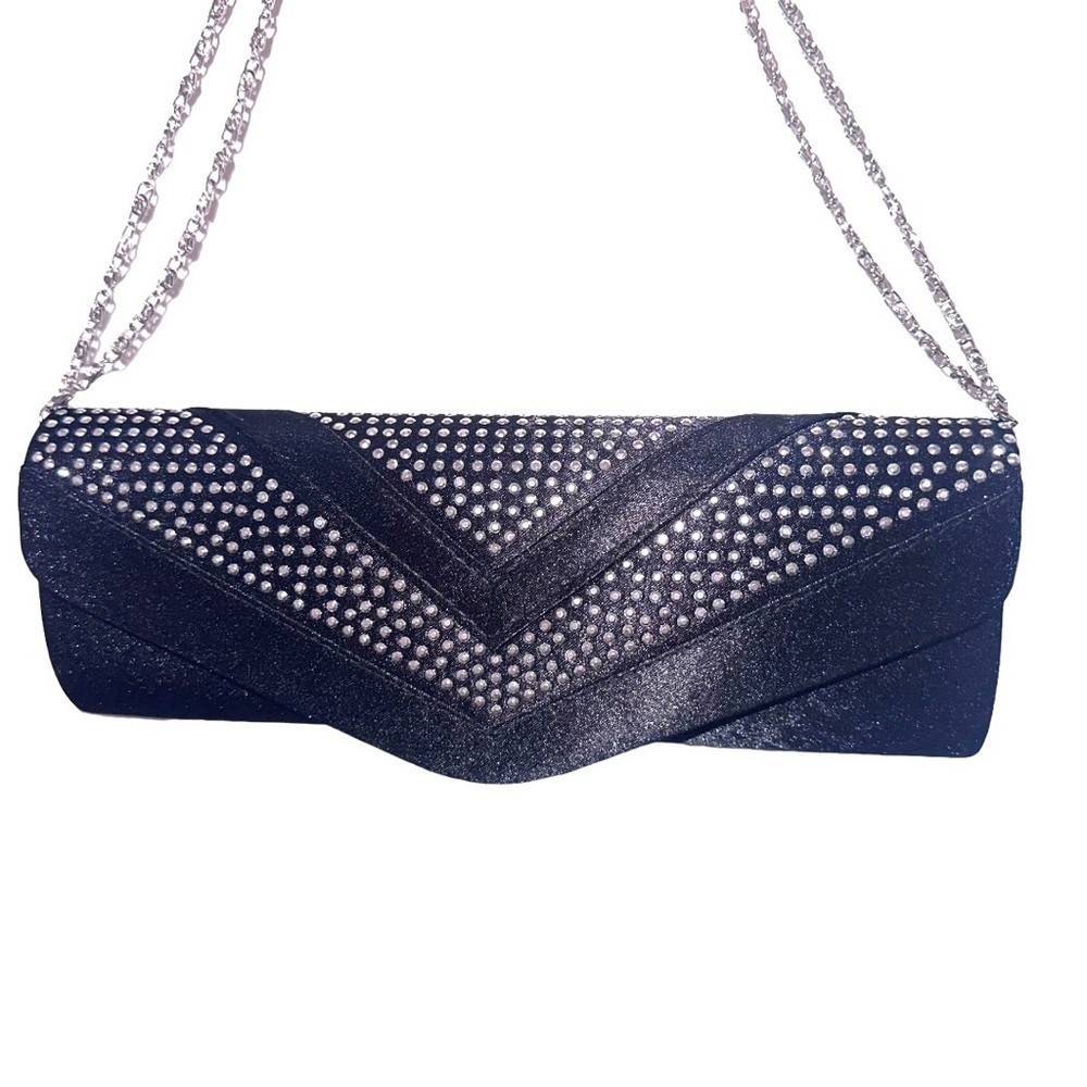 BLACK Satin Rhinestone Encrusted Clutch Bag - Picture 9 of 16